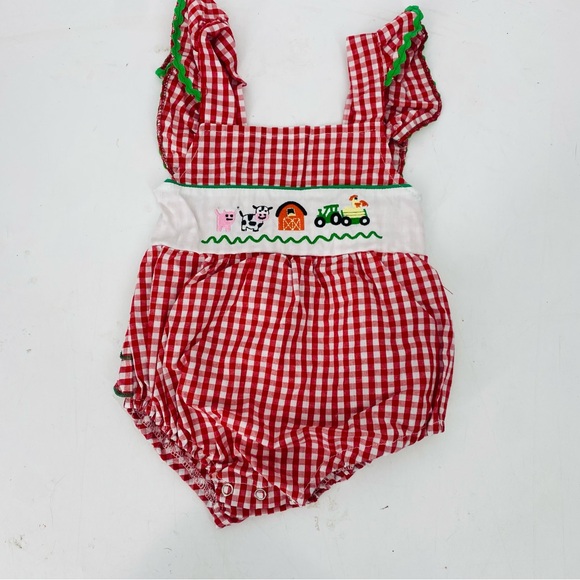 Marie Nicole Other - Marie Nicole Clothing Gingham Farm Animal Embroidered Romper Red White Ruffle